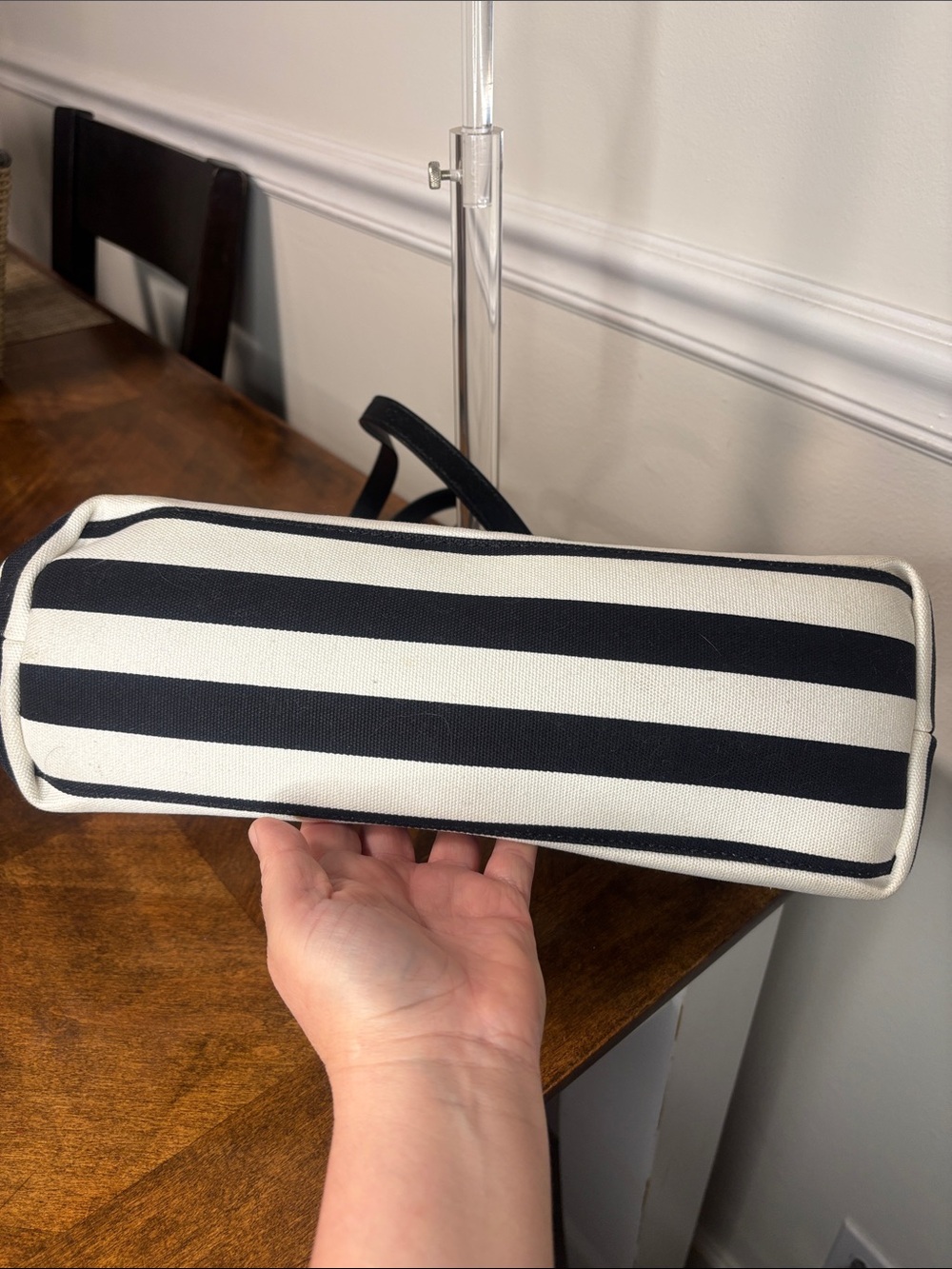 Michael Kors Black and White Striped Canvas Tote with Silver MK Charm - Picture 6 of 16
